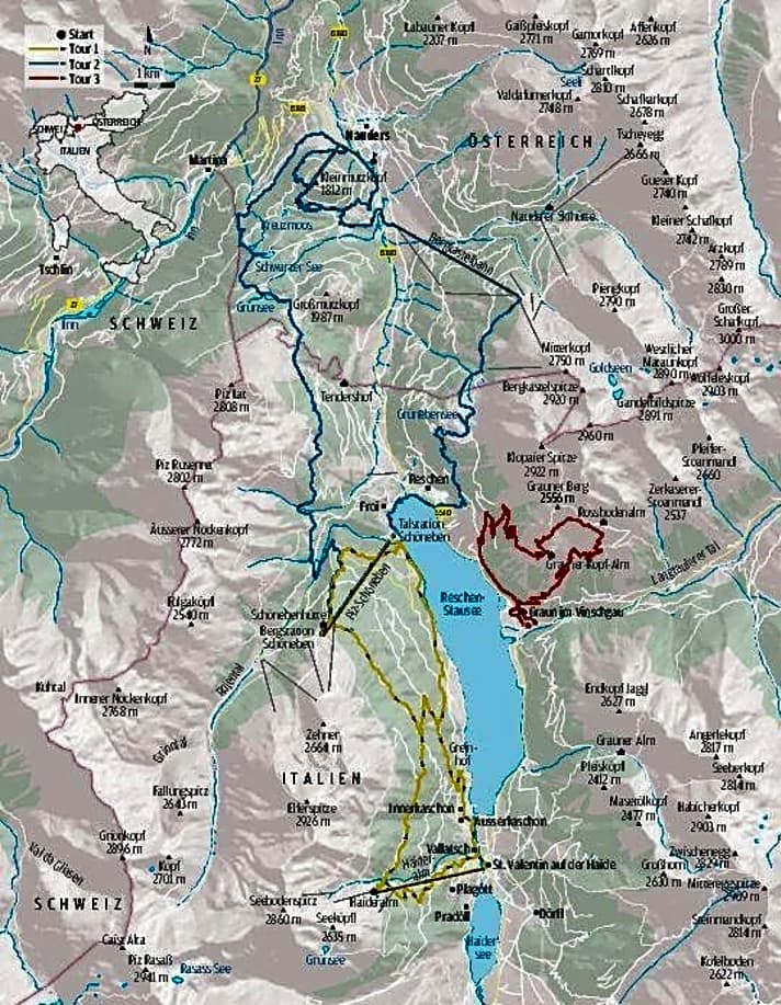   Die drei Enduro-Trailtouren rund um Nauders am Reschenpass in der Übersichtskarte.