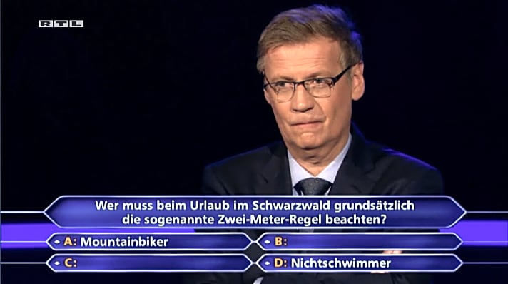   In der TV-Show "Wer wird Millionär?" war die 2-Meter-Regel Thema der 500000-Euro-Frage.