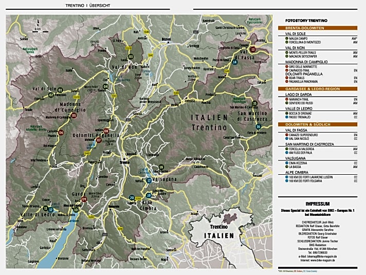  Übersichtskarte: Die 20 schönsten Mountainbike-Touren im Trentino.