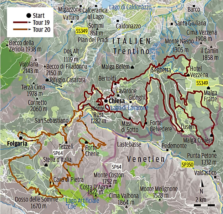   Alpe Cimbra: Trentino-Touren 19 (100 km dei Forti – Lavarone Lusérn) und 20 (100 km dei Forti – Folgaria).