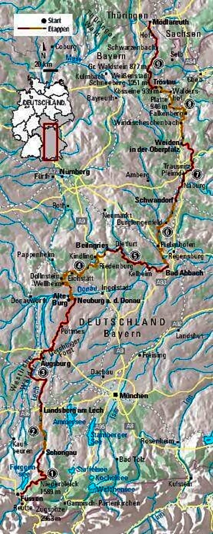   Einmal mit dem Mountainbike durch Bayern: die Übersichtskarte des ersten Teil des Deutschland-Trails.