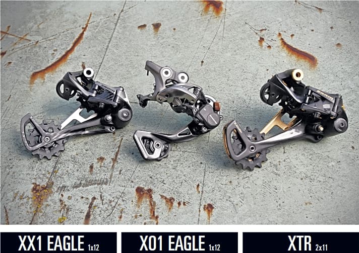   Die drei Top-Schaltungen im MTB-Segment im Vergleich: Sram XX1 EAGLE 1x12 – Sram X01 EAGLE 1x12 – Shimano XTR 2x11