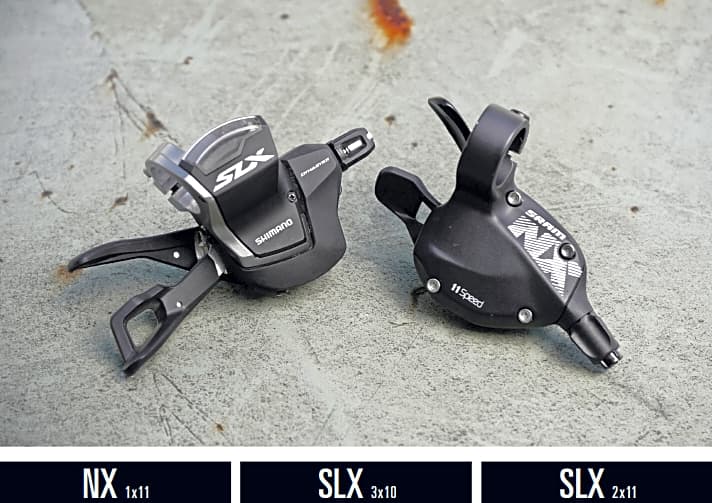   Drei preiswerte MTB-Schaltungen im Vergleich: Sram NX 1x11 – Shimano SLX 3x10 – Shimano SLX 2x11