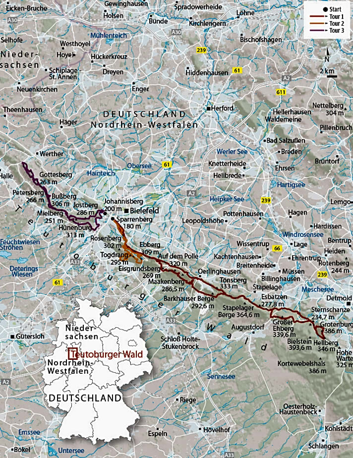   Übersichtskarte der drei Touren im Teutoburger Wald