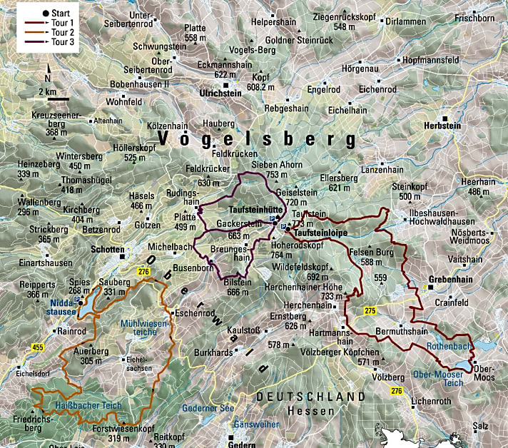   Die drei MTB-Touren in Vogelsberg in der Übersichtskarte.