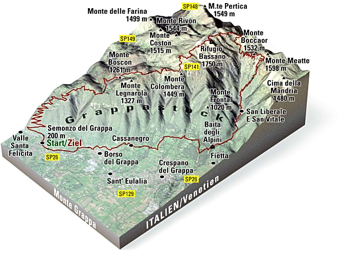   Der 1775 Meter hohe Monte Grappa sieht aus, als wäre er einst aus den Dolomiten abgebröckelt und in die italienische Tiefebene hineingewürfelt worden.