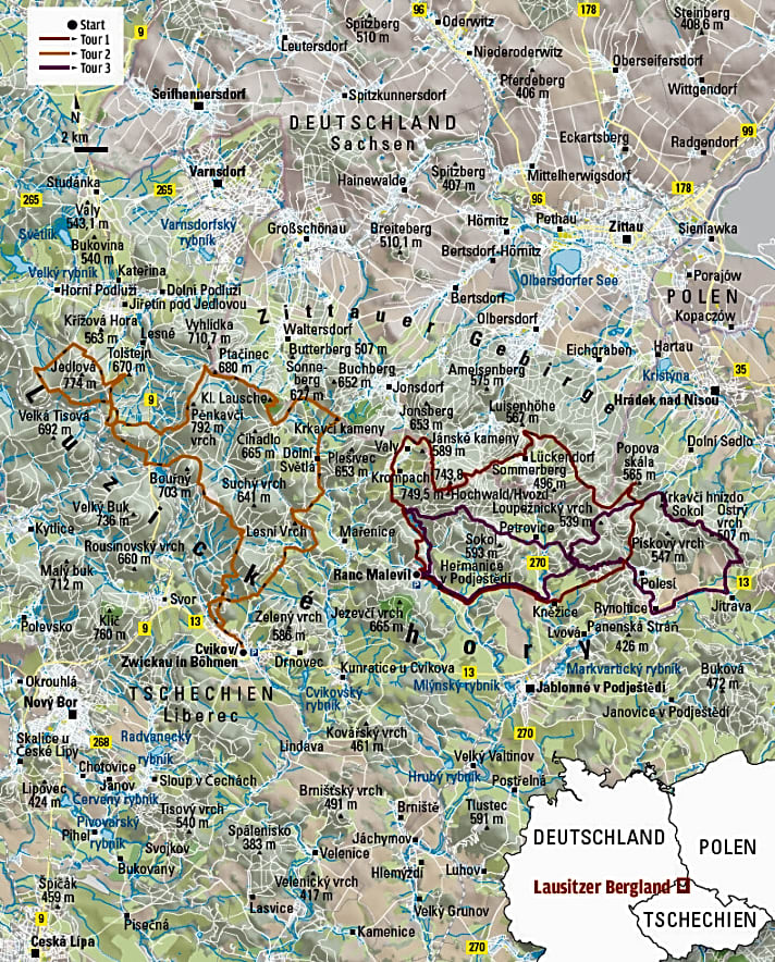   Übersichtskarte der 3 MTB-Touren im Zittauer Gebirge