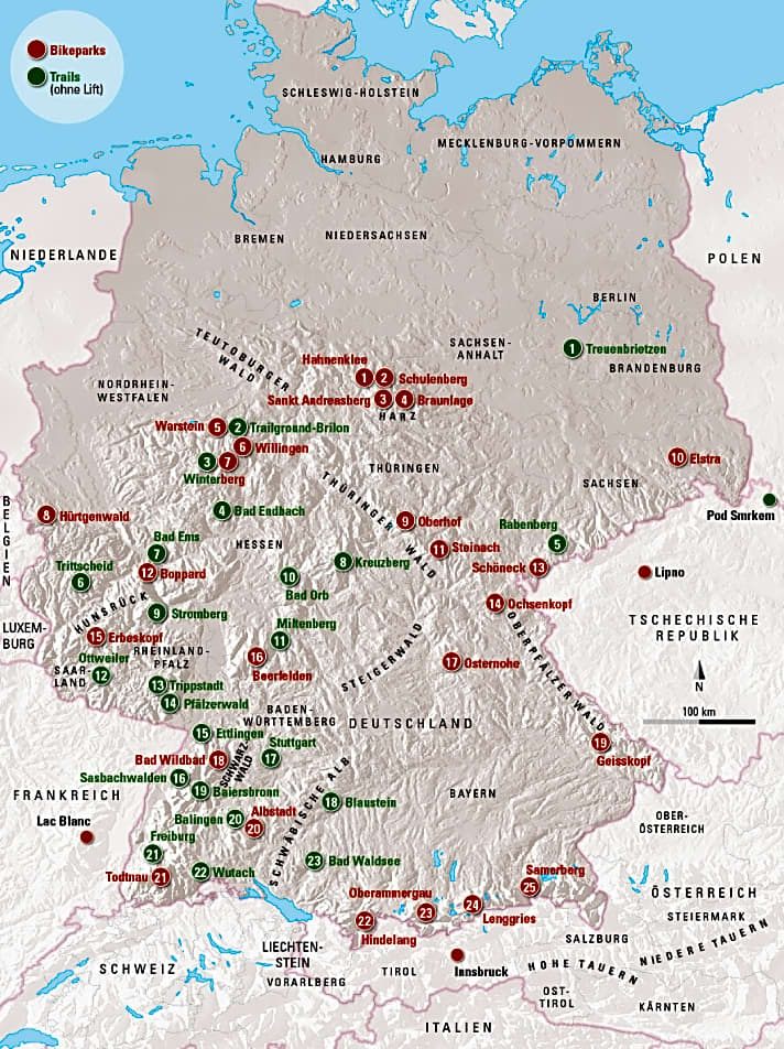   25 Bikeparks (rote Markierungen) und 23 Trailcenter/Flowtrails (grün) finden Sie übersichtlich in unserer Deutschland-Karte.