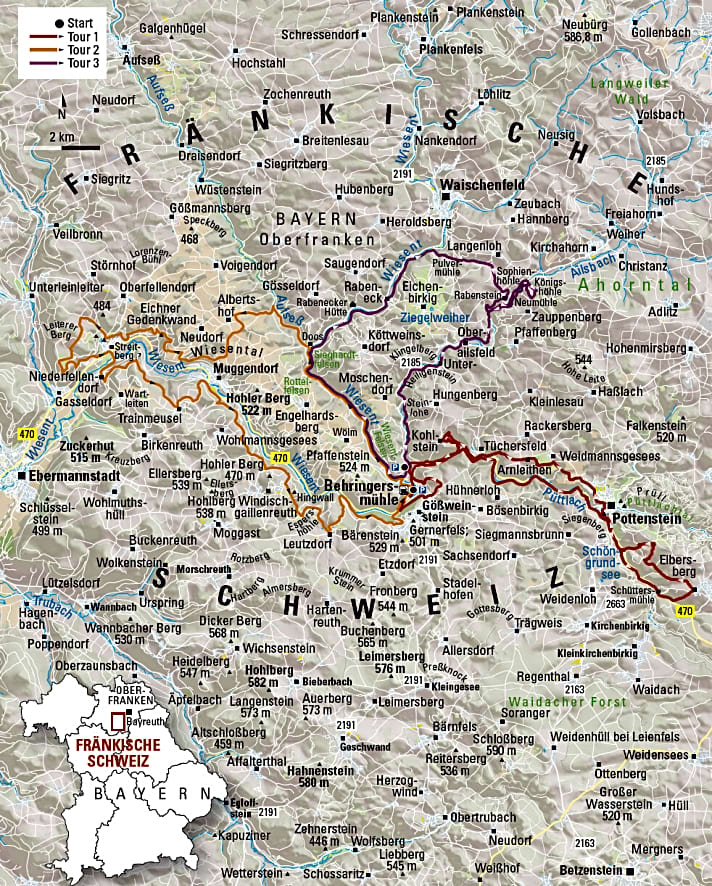   Revier-Guide Fränkische Schweiz Karte: Die drei Touren in der Übersicht