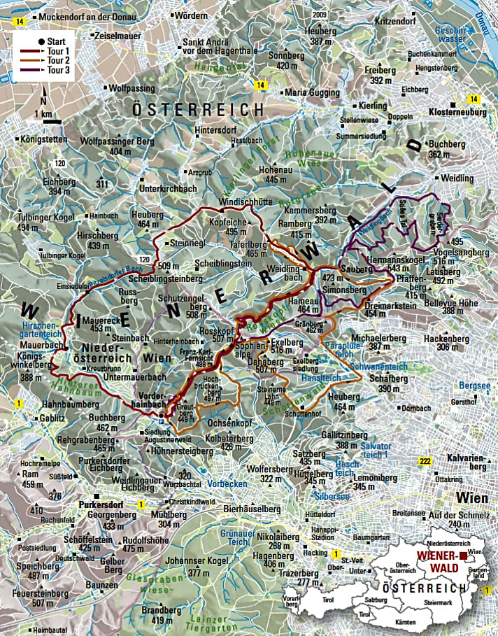   Übersichtskarte der drei Touren im Wienerwald