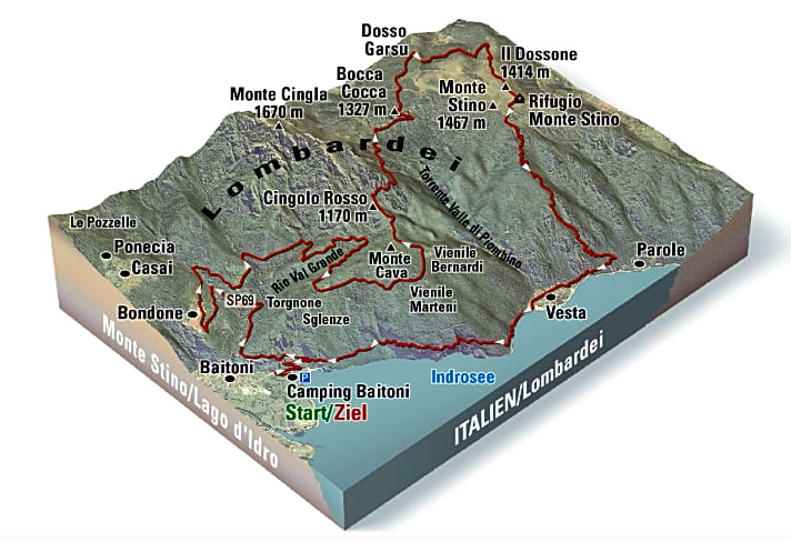   Inklusive Uferklettersteig nach Baitoni zurück hat die Tour 30,1 km und 1378 Höhenmeter. Doch die letzten fünf Kilometer gefährliche Kletterei umfährt man ab Vesta besser mit dem Schiff (vier Mal täglich). 