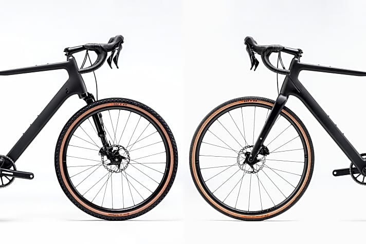   Rechts das Topstone Carbon als „normales“ Gravel-Bike mit 700C-Laufrädern und Carbon-Starrgabel, links die neue Version mit breiten 27,5-Zoll-Laufrädern und der Lefty Oliver-Federgabel. 