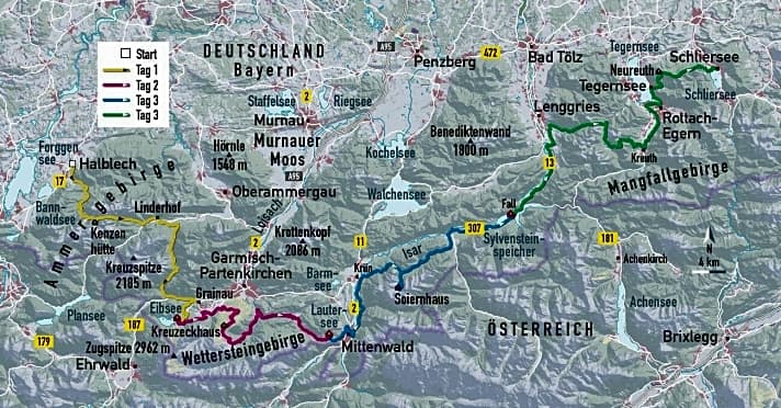   Die Übersichtskarte zu den vier Etappen vom Forggensee zum Schliersee.