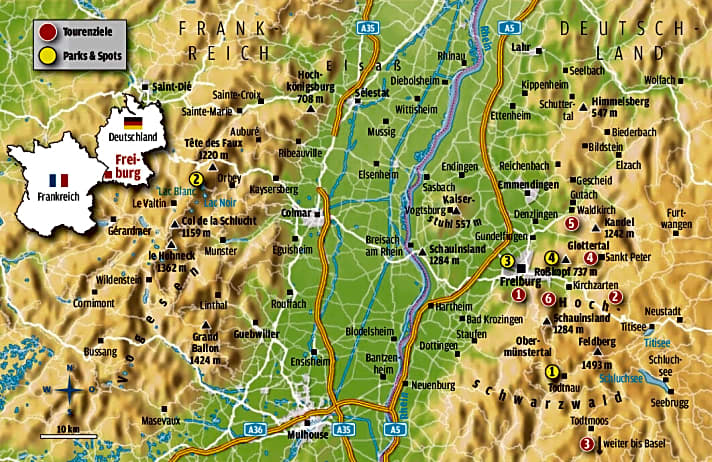   Karte mit den MTB-Touren und Bikeparks rund um Freiburg.