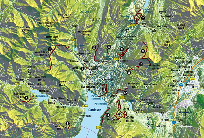   Das neue Trentiner Trail-Gesetz sperrt am Gardasee zwar 15 Trails, aber nur fünf, die für Biker interessant sind. In der Karte finden Sie alle 15 Trails, die oben beschrieben sind.