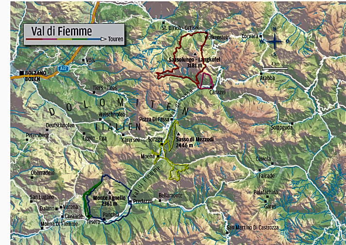   Die Mountainbike-Touren im Val di Fassa und Val di Fiemme in der Karte als Überblick.