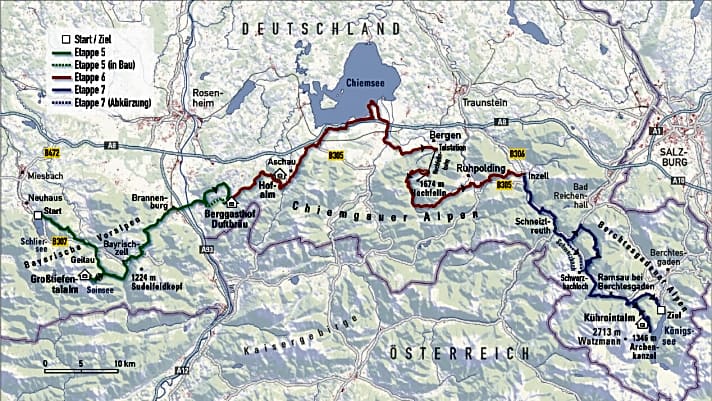   Die drei Etappen des zweiten Teils vom Schliersee bis zum Königssee in der Übersichtskarte.