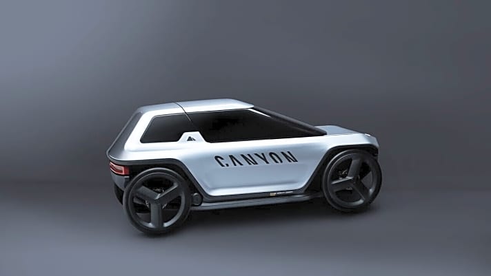   Das Canyon- Konzeptfahrzeug für die urbane Mobilität der Zukunft: 2,3 Meter lang, 95 Kilo schwer, dank Elektromotor-Unterstützung bis zu 60 Sachen schnell.