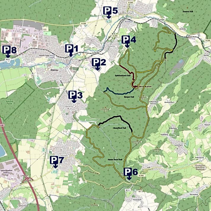   Brandfleck-, Speichenbach-, Burgen- und Giftiger Berg-Trail: Die vier legalen Trails am Hahnenkamm inklusive der ausgewiesenen Parkplätze im Tal.
