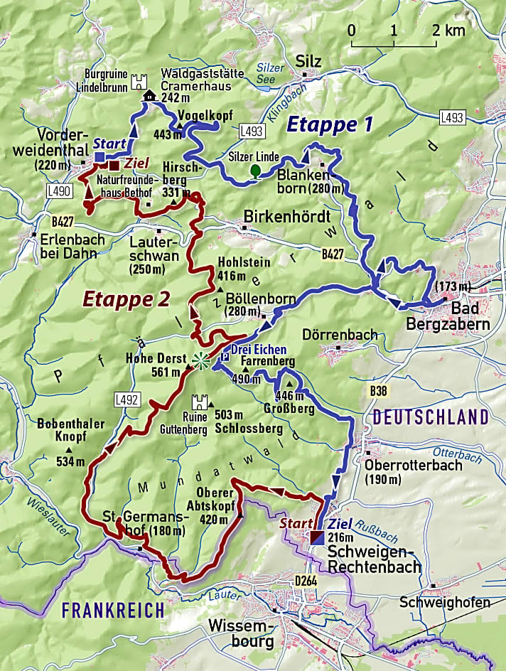   Die zwei Etappen der MTB-Tour durch den südlichen Pfälzerwald in der Übersichtskarte.
