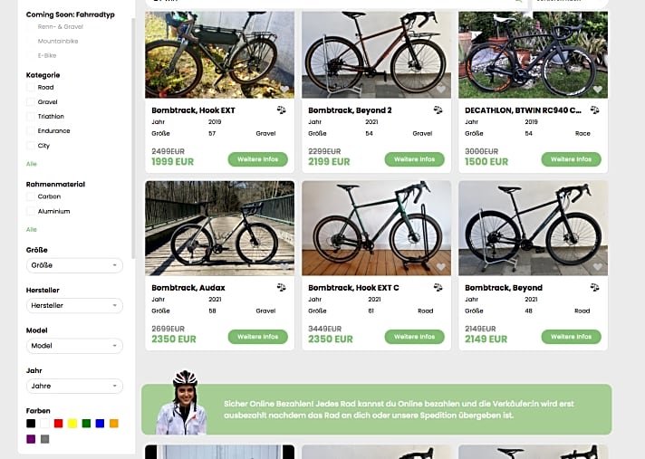   Die Anküdigung oben in der Filtermaske verrät's: Bald kann man auch gebrauchte Mountainbikes über Buycycle kaufen und verkaufen.