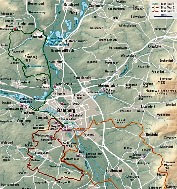   Die drei BIKE-Touren rund um Bamberg in der Übersichtskarte.