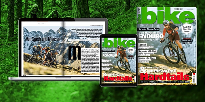   Lesen Sie die komplette Ausgabe: BIKE 04/2022 – mit über 25 Seiten Themenschwerpunkt "Kids & Bikes", Gut-und-günstig-Hardtails im Test und den besten Bikes der Saison 2022! Bestellen Sie sich die <a href="https://www.delius-klasing.de/bike" target="_blank" rel="noopener noreferrer">BIKE versandkostenfrei nach Hause</a>  oder lesen Sie die Digital-Ausgabe in der BIKE App für <a href="https://itunes.apple.com/de/app/bike-das-mountainbike-magazin/id447024106?mt=8" target="_blank" rel="noopener noreferrer nofollow">iOS</a>  oder <a href="https://play.google.com/store/apps/details?id=com.pressmatrix.bikeapp" target="_blank" rel="noopener noreferrer nofollow">Android</a> . Besonders günstig und bequem: <a href="http://www.delius-klasing.de/bike-lesen-wie-ich-will?utm_campaign=abo_2020_6_bik_lesen-wie-ich-will&utm_medium=display&utm_source=BIKEWebsite" target="_blank" rel="noopener noreferrer">BIKE im Abo</a> .