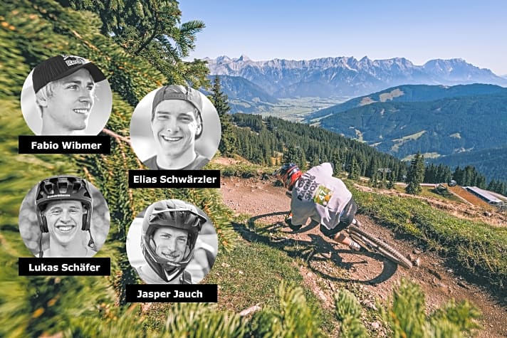 Prominente Biker, die beim BIKE Festival Leogang 2022 dabei sein werden: Fabio Wibmer, Elias Schwärzler, Lukas Schäfer und Jasper Jauch.