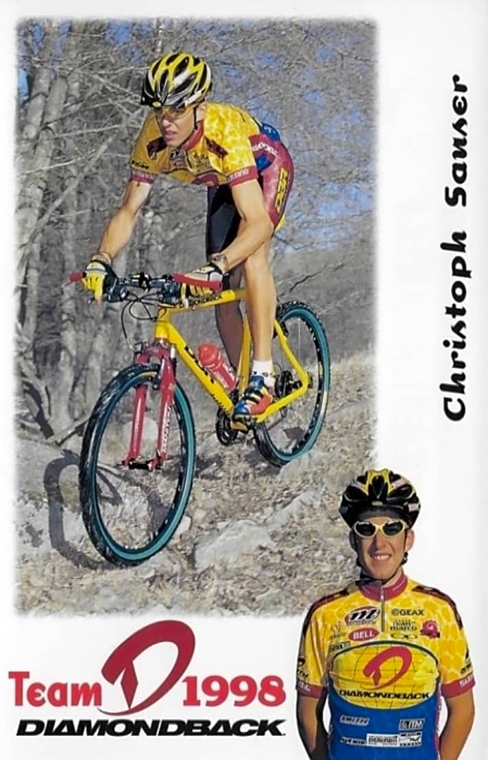 Die alte 1998er Autogramm-Karte von Worldcup-Star Christoph Sauser, der seine Teilnahme am Vintage Bike Masters fest zugesagt hat.