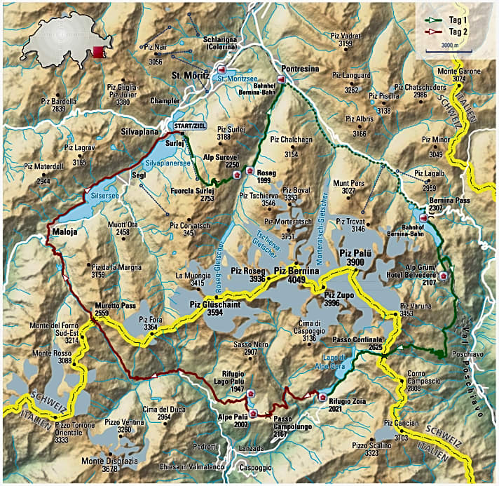 Bernina rondreis per MTB: de kaart voor de 2-daagse tour
