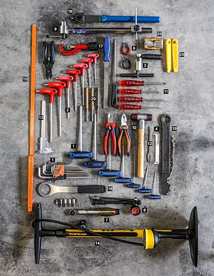 Werkzeuge, die in keiner Fahrrad-Werkstatt fehlen sollten – von Inbus (1) bis Sonstiges (20). 