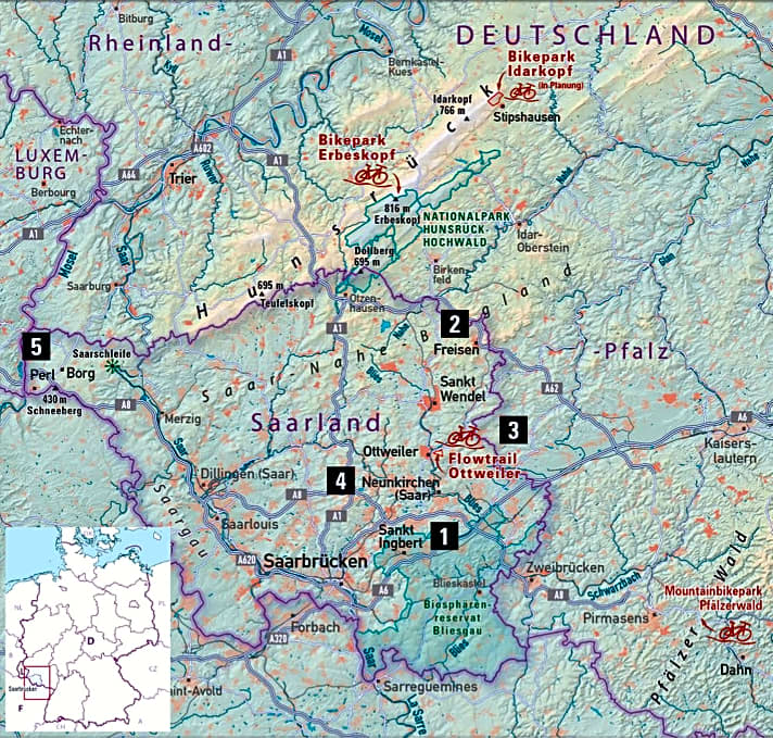 Saarbrücken und fünf weitere Top-Mountainbike-Spots im Saarland: Die GPS-Daten aller  Bike-Touren gibt’s unten kostenlos zum Download.