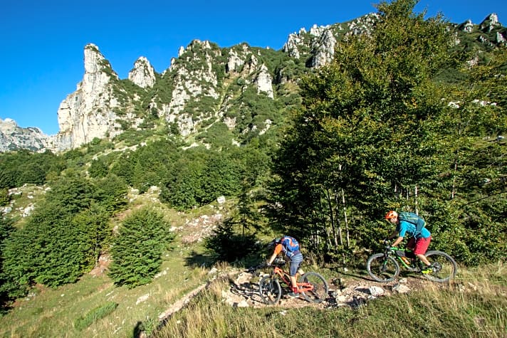 Die Trail-Abfahrt vom Rif. Campogrosso nach Valli del Pasubio hinunter mit Blick auf die “Kleinen Dolomiten”. Der Pfad hat ein paar Abschnitte, die herausfordern, aber im Großen und Ganzen ist er leicht zu fahren.