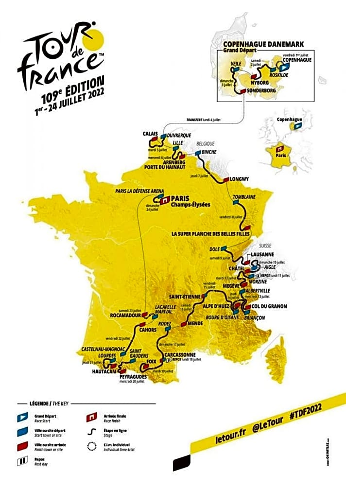 Die gesamte Strecke der Tour de France 2022 in der Übersichtskarte: Oben eingeklinkt die ersten drei Etappen in Dänemark.