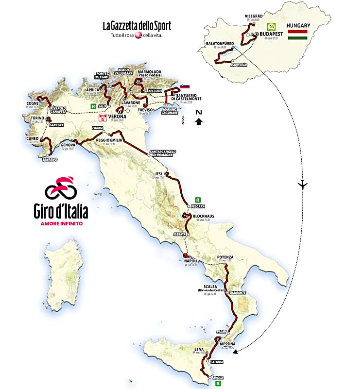 Alle Etappen des Giro d’Italia 2022 in der Übersichtskarte