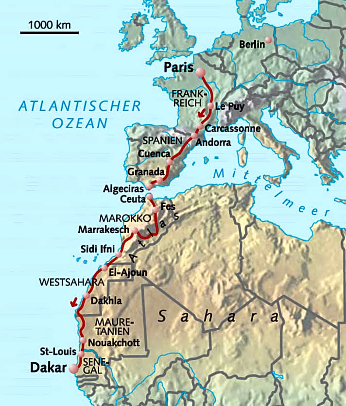   Fast die gesamten 7.200 Kilometer führen über asphaltierte Straßen. In 59 Etappen mit bis zu 180 Kilometern (meist 100 bis 150 km) und bis zu 2.500 Höhenmetern geht es durch Frankreich, Andorra, Spanien, Marokko, Westsahara, Mauretanien in den Senegal. 