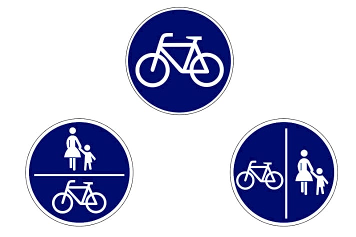   Zeichen 240, 237 und 241 (v.l.n.r.) ordnen die Benutzungspflicht an und verbieten das Radfahren auf der begleitenden Fahrbahn.