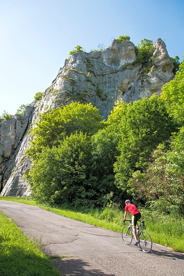   Typisch fürs Donautal: Kalkfelsen säumen schmale Straßen