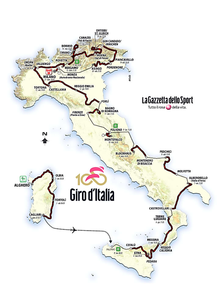   Von Alghero bis Mailand- die Strecke des Giro 2017 im Überblick.
