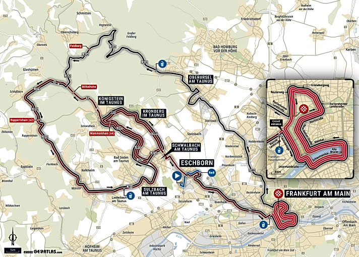 Start der Elite-Strecke ist in Eschborn. Nach 185 Kilometern und drei Mainschleifen kommen die Rennfahrer in Frankfurt ins Ziel.
