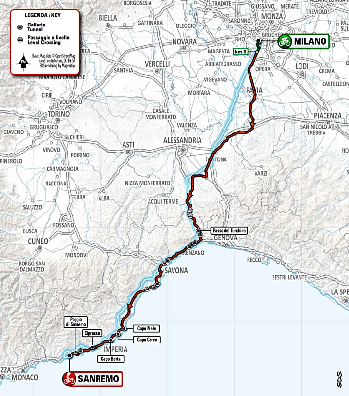 Die Strecke des Frühjahrsklassikers Mailand-San Remo 2022 in der Übersichtskarte