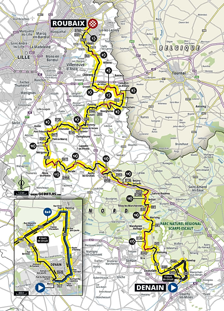 Die knapp 125 Kilometer lange Strecke der Frauen führt von Denain nach Roubaix.