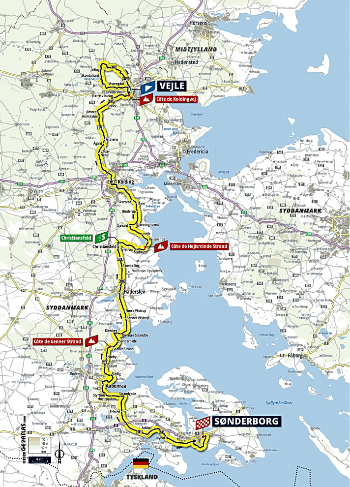 Die dritte Etappe der Tour de France 2022 in Dänemark. Sie führt am 3. Juli über 182 Kilometer von Vejle nach Söderborg. 
