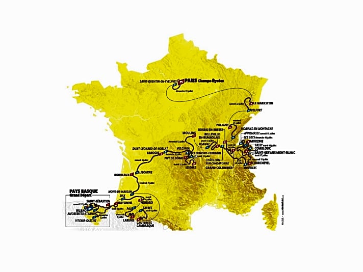 Die Strecke der Tour de France 2023 auf der Karte