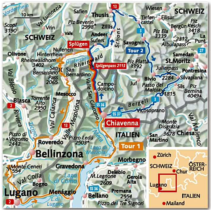   Der Splügenpass lässt sich in zwei lange, harte Rundtoureneinbinden: Tour 1 (220 Kilometer, 3.000 Höhenmeter) und Tour 2 (165 Kilometer, 3.500 Höhenmeter) 