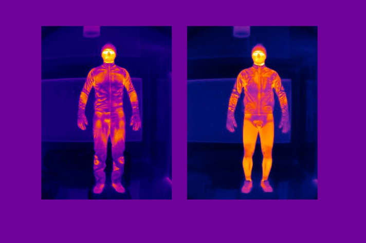   Die Wärmebilder aus unserem Test zeigen deutlich, wo die Softshell-Jacken und Hosen wärmen und wo Kälte sich breit macht.