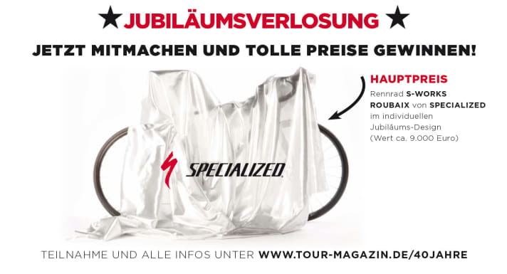   Hauptgewinn: Zur Feier des 40-jährigen Jubiläums vom TOUR Magazin gibt's ein Specialized Rennrad zu gewinnen.