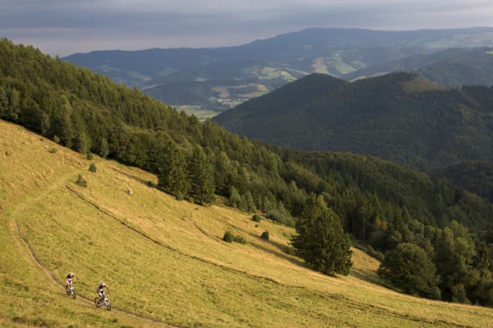   Über der Schwarzwälder Baumgrenze: Daniel Berhe und Matthias Zink vom Lexware Racing Team auf der Strecke des Ultra-Bike-Marathons. Der weite Blick über den Schwarzwald.