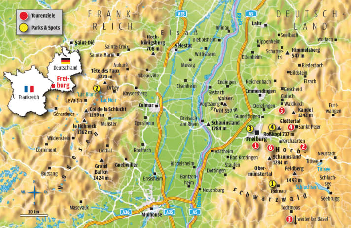   Karte mit den MTB-Touren und Bikeparks rund um Freiburg.