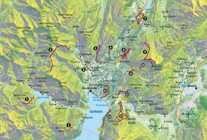   Das neue Trentiner Trail-Gesetz sperrt am Gardasee zwar 15 Trails, aber nur fünf, die für Biker interessant sind. In der Karte finden Sie alle 15 Trails, die oben beschrieben sind.
